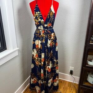 Haute Rogue Floral Maxi Dress Open Back Crisscross Wrap Front Floral Navy M
